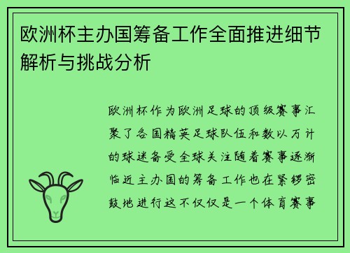 欧洲杯主办国筹备工作全面推进细节解析与挑战分析